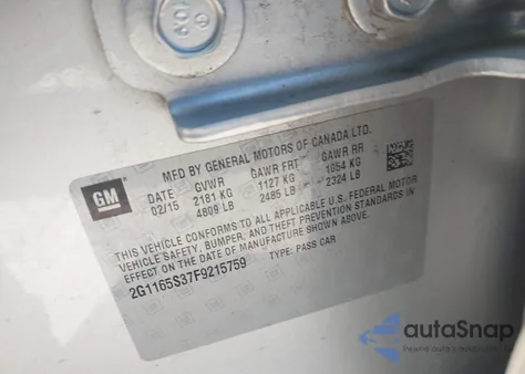 2015 Chevrolet Impala 2Lz from USA, damaged, VIN 2G1165S37F9215759